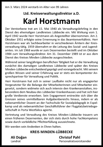 Traueranzeige von Karl Horstmann von Westfalen Blatt