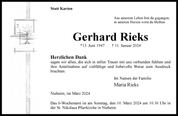 Traueranzeige von Gerhard Rieks von Westfalen Blatt