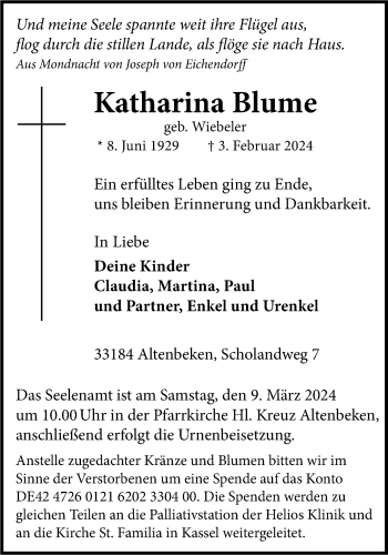 Traueranzeige von Katharina Blume von Westfalen Blatt