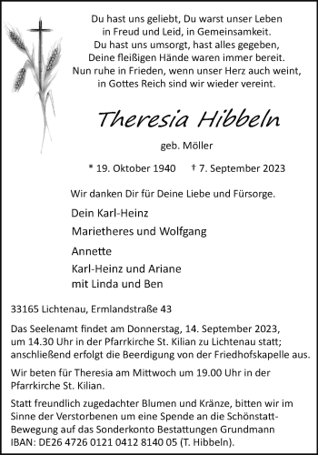 Traueranzeige von Theresia Hibbeln von Westfalen Blatt