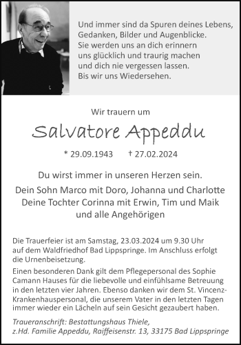 Traueranzeige von Salvatore Appeddu von Westfalen Blatt