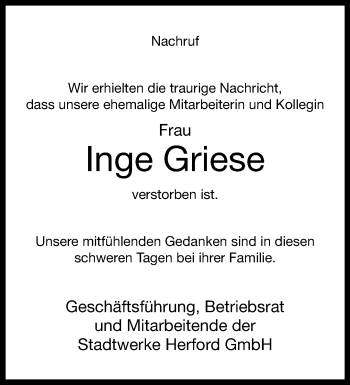 Traueranzeige von Inge Griese von Westfalen Blatt