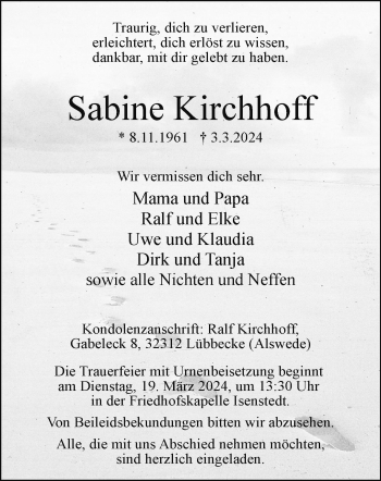 Traueranzeige von Sabine Kirchhoff von Westfalen Blatt