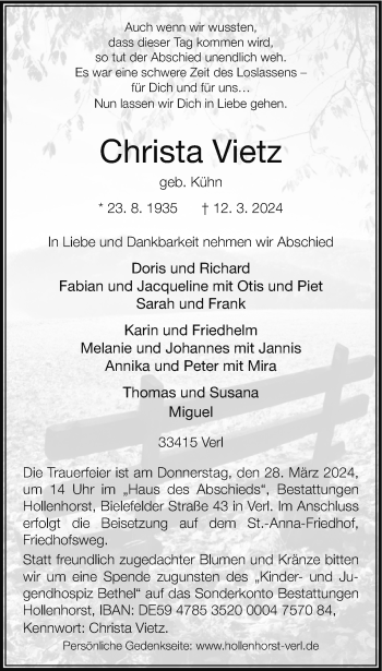 Traueranzeige von Christa Vietz von Westfalen Blatt