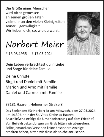 Traueranzeige von Norbert Meier von Westfalen Blatt