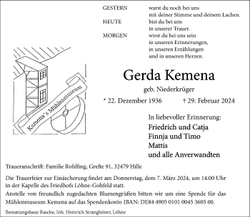 Traueranzeige von Gerda Kemena von Westfalen Blatt