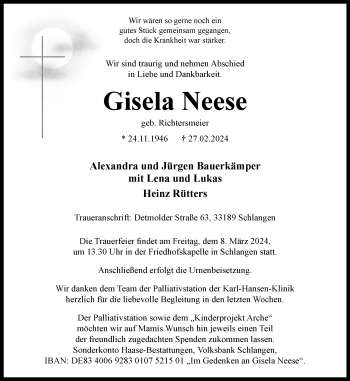 Traueranzeige von Gisela Neese von Westfalen Blatt