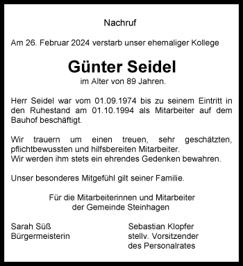 Traueranzeige von Günter Seidel von Westfalen Blatt