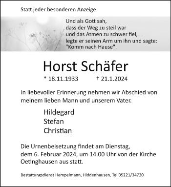 Traueranzeige von Horst Schäfer von Westfalen Blatt