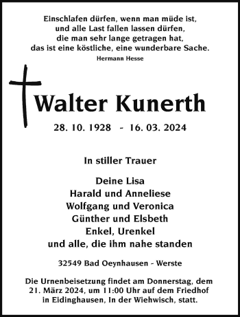 Traueranzeige von Walter Kunerth von Westfalen Blatt