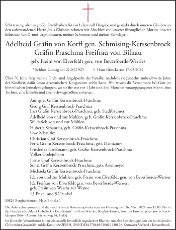 Traueranzeige von Adelheid Gräfin von Korff gen. Schmising - Kerssenbrock Gräfin Praschma Freifrau von Bilkau von Westfalen Blatt