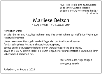 Traueranzeige von Marliese Betsch von Westfalen Blatt