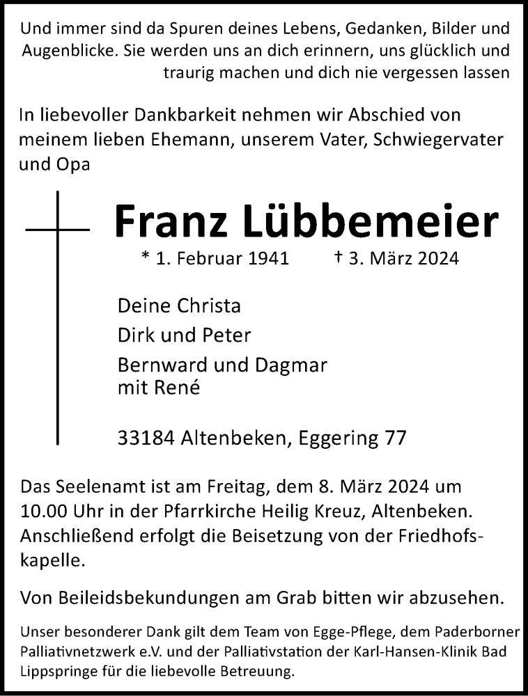  Traueranzeige für Franz Lübbemeier vom 06.03.2024 aus Westfalen Blatt