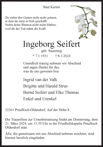 Traueranzeige von Ingeborg Seifert von Westfalen Blatt