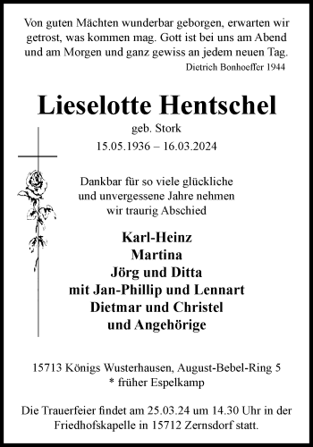 Traueranzeige von Lieselotte Hentschel von Westfalen Blatt