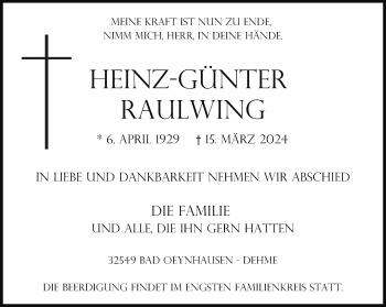 Traueranzeige von Heinz-Günter Raulwing von Westfalen Blatt