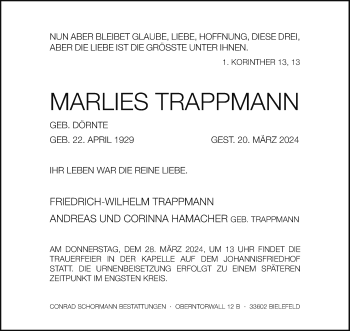 Traueranzeige von Marlies Trappmann von Westfalen Blatt