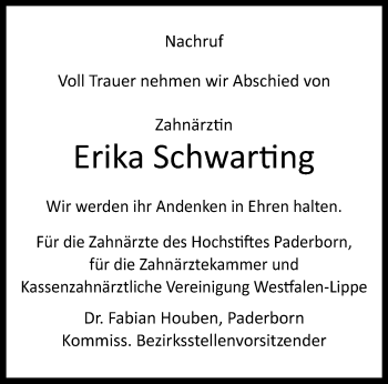 Traueranzeige von Erika Schwarting von Westfalen Blatt