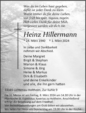 Traueranzeige von Heinz Hillermann von Westfalen Blatt