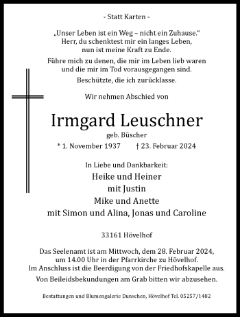 Traueranzeige von Irmgard Leuschner von Westfalen Blatt