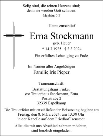 Traueranzeige von Erna Stockmann von Westfalen Blatt