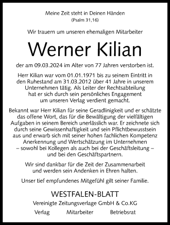 Traueranzeige von Werner Kilian von Westfalen Blatt