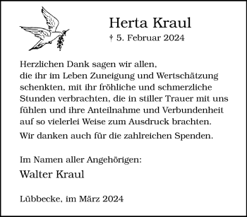 Traueranzeige von Herta Kraul von Westfalen Blatt