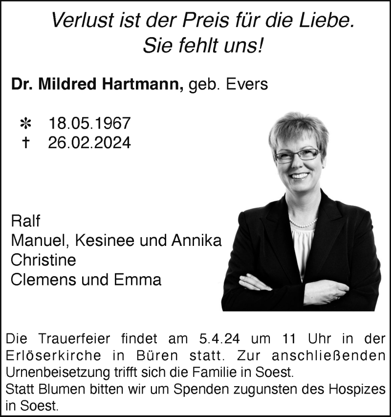  Traueranzeige für Dr. Mildred Hartmann vom 09.03.2024 aus Westfalen Blatt