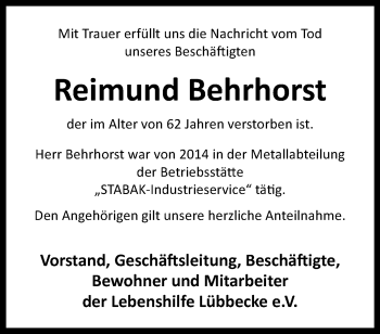 Traueranzeige von Reimund Behrhorst von Westfalen Blatt