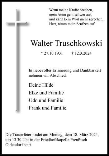 Traueranzeige von Walter Truschkowski von Westfalen Blatt