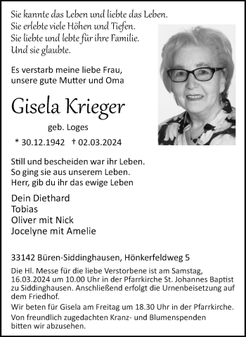 Traueranzeige von Gisela Krieger von Westfalen Blatt