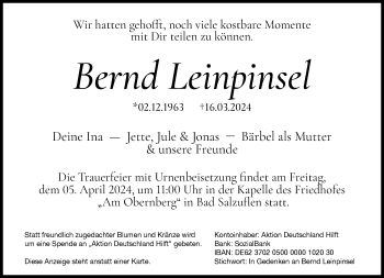 Traueranzeige von Bernd Leinpinsel von Westfalen Blatt