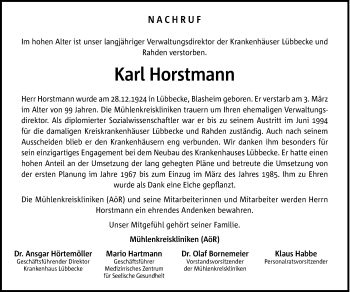 Traueranzeige von Karl Horstmann von Westfalen Blatt