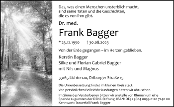 Traueranzeige von Dr. med. Frank Bagger von Westfalen Blatt