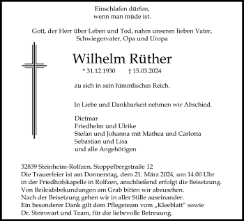 Traueranzeige von Wilhelm Rüther von Westfalen Blatt