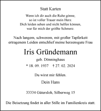 Traueranzeige von Iris Gründemann von Westfalen Blatt