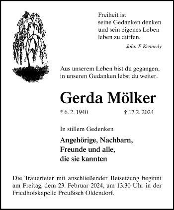 Traueranzeige von Gerda Mölker von Westfalen Blatt