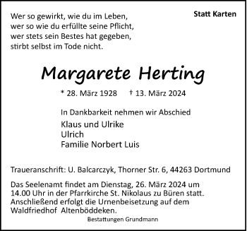 Traueranzeige von Margarete Herting von Westfalen Blatt