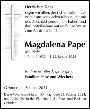 Traueranzeige von Magdalena Pape von Westfalen Blatt