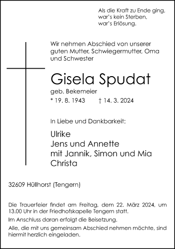 Traueranzeige von Gisela Spudat von Westfalen Blatt