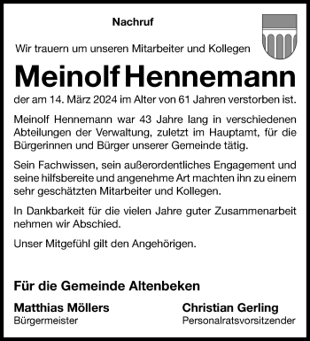 Traueranzeige von Meinolf Hennemann von Westfalen Blatt