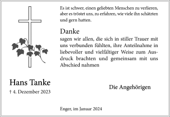 Traueranzeige von Hans Tanke von Westfalen Blatt