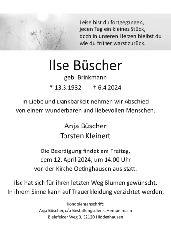 Traueranzeige von Ilse Büscher von Westfalen Blatt