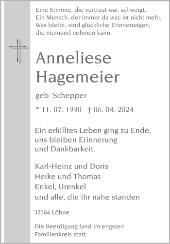 Traueranzeige von Anneliese Hagemeier von Westfalen Blatt