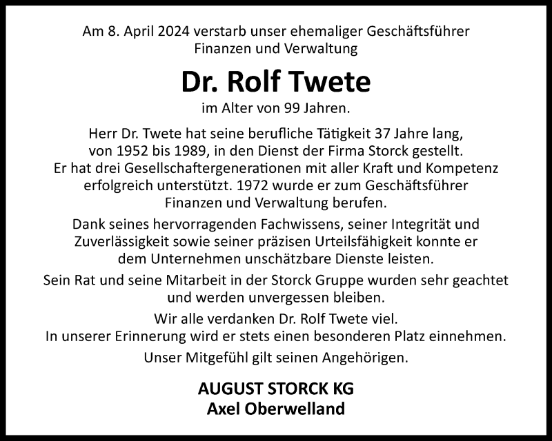  Traueranzeige für Dr. Oec. Rolf Twete vom 11.04.2024 aus Westfalen Blatt