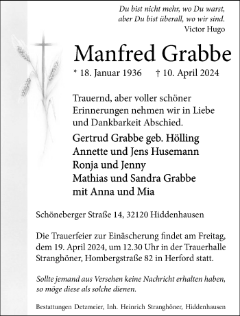 Traueranzeige von Manfred Grabbe von Westfalen Blatt