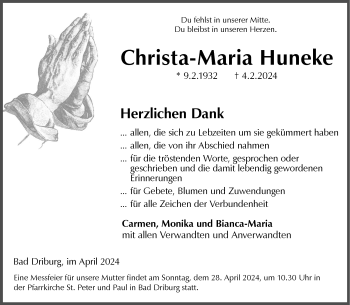 Traueranzeige von Christa-Maria Huneke von Westfalen Blatt