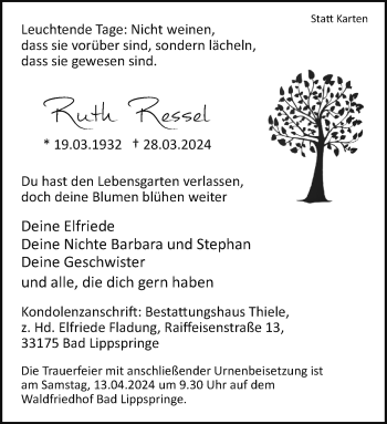 Traueranzeige von Ruth Ressel von Westfalen Blatt