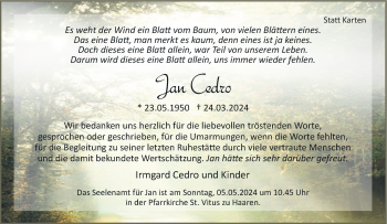 Traueranzeige von Jan Cedro von Westfalen Blatt