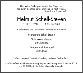 Traueranzeige von Helmut Schell-Steven von Westfalen Blatt